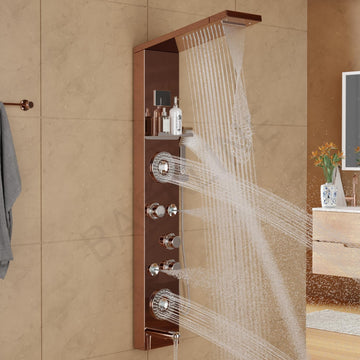 Backline 8-in-1 Thermostatic LED Shower Panel System with Shelf & Spout – 304 Stainless Steel (Rose Gold)