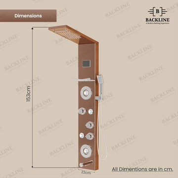 Backline 8-in-1 Thermostatic LED Shower Panel System with Shelf & Spout – 304 Stainless Steel (Rose Gold)