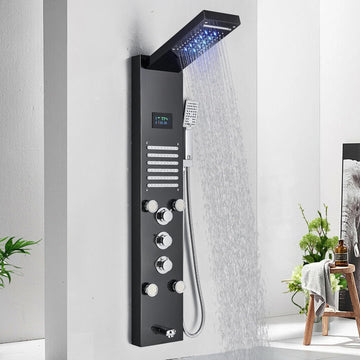 Backline 7-in-1 Thermostatic LED Shower Panel System with Hand Shower & Body Mist Spray – 304 Stainless Steel (Black Glossy)