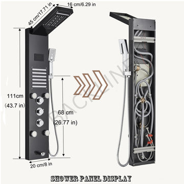 Backline 7-in-1 Thermostatic LED Shower Panel System with Hand Shower & Body Mist Spray – 304 Stainless Steel (Black Glossy)