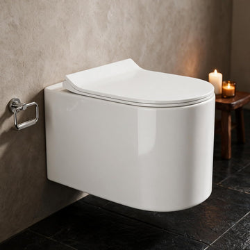 Backline Luxe Rimless Wall-Hung Western Toilet Commode with UF Soft-Close Seat Cover – P-Trap Water-Saving Wall-Mount Water Closet