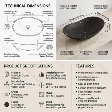 Backline Rectangular Ceramic Countertop Basin – Matt Black (25 x 14 x 5.5 Inch)