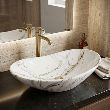 Backline Rectangular Ceramic Countertop Basin – White Marble Glossy Finish (25 x 14 x 5.5 Inch)