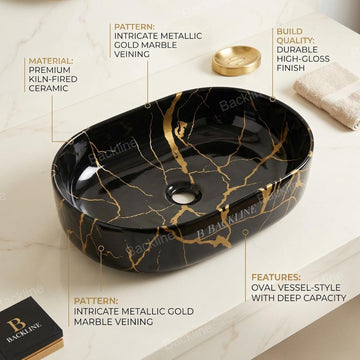 Ceramic Table Top Wash Basin 54 X 36 X 14.5 Cm (Gold Black Glossy Finish)