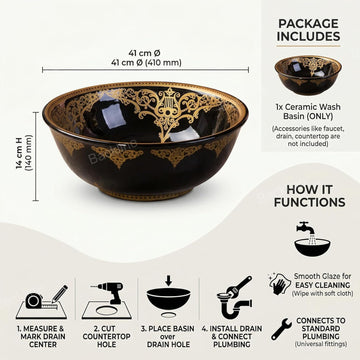 Ceramic Moroccan Wash Basin | Basin for Bathroom | Tabletop Wash Basin | Art Basin For Bathroom/Home/Office/Hotels 41 X 41 X 14 Cm (Black Gold