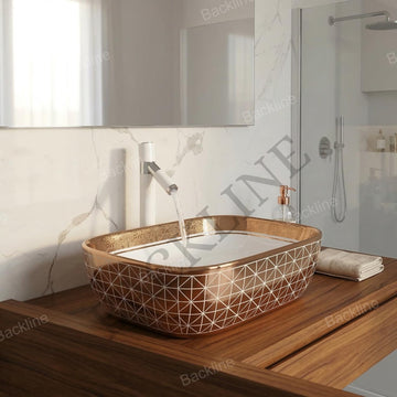 B Backline Ceramic Gold Table Top, Counter Top Wash Basin 18 X 13 X 5.5 Inches Rosegold White Color