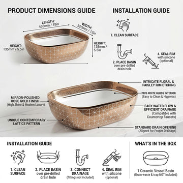 B Backline Ceramic Gold Table Top, Counter Top Wash Basin 18 X 13 X 5.5 Inches Rosegold White Color