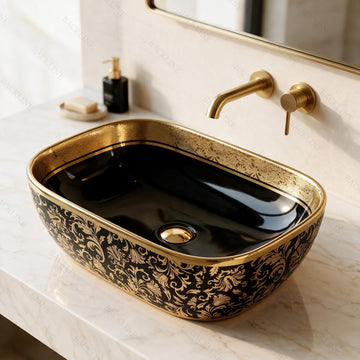 B Backline Ceramic Table Top, Counter Top Wash Basin Black Gold Color