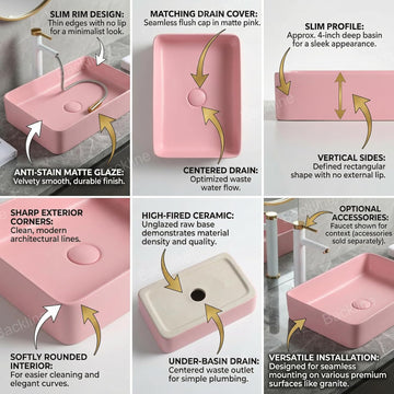 B BACKLINE Pink Matte Ceramic Table Top Wash Basin | Countertop Bathroom Sink | Designer Art Basin | 61 x 34 x 10 cm