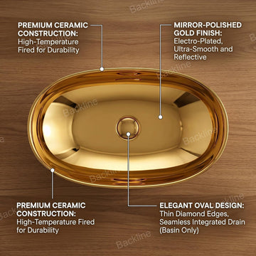 B Backline Ceramic Table Top, Counter Top Wash Basin 25 X 14 X 6 Inches (Glossy Gold)