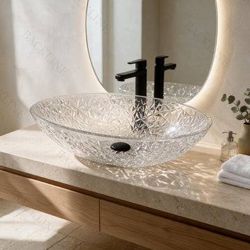 Backline Premium Pure Glass Countertop Wash Basin – 20x14x6 Inch (Transparent Clear)