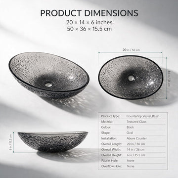 Backline Premium Pure Glass Countertop Wash Basin – 20x14.2x6 Inch (Black)