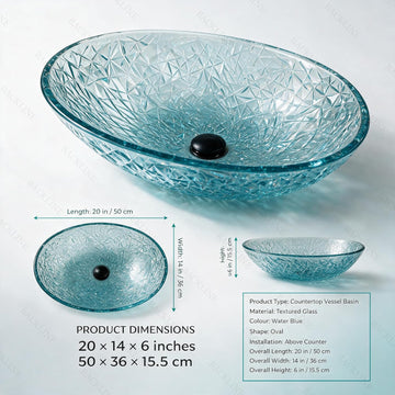 Backline Premium Pure Glass Countertop Wash Basin – 20x14x6 Inch (Blue Water)