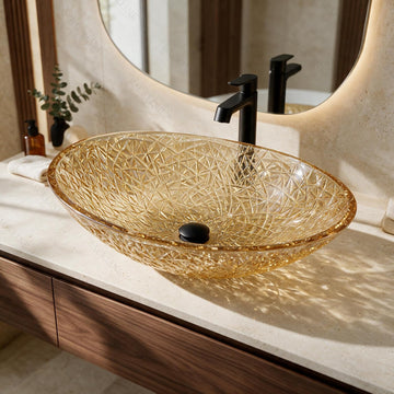 Backline Premium Pure Glass Countertop Wash Basin – 20x14x6 Inch (Gold)