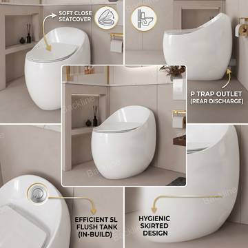 Backline P-Trap Water Closet Commode with UF Soft-Closing Seat & Integrated 5L Tank - White