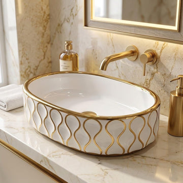 Backline Gold & White Countertop Wash Basin for Bathroom, Dining & Luxury Spaces (20x13x5.5 Inches0