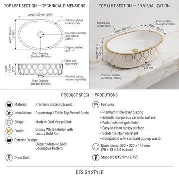 Backline Gold & White Countertop Wash Basin for Bathroom, Dining & Luxury Spaces (20x13x5.5 Inches0
