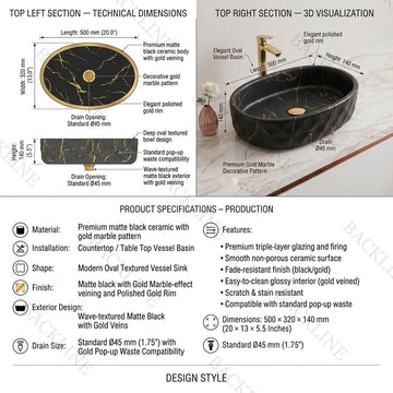 Matte Black Table Top Wash Basin – Modern Countertop Bathroom Sink (20x13x5.5 inch)