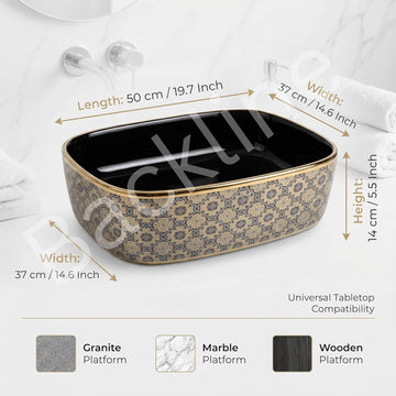 B Backline Designer Counter Top Basin | 18 x 13 Inch Modern Luxury Ceramic Wash Basin (Gold Black)