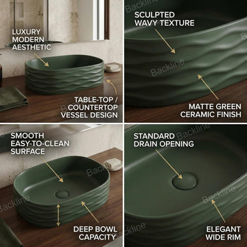 B Backline Matte Dark Green Ceramic Table Top Wash Basin | Designer Countertop Bathroom Sink (50x31x15 cm)