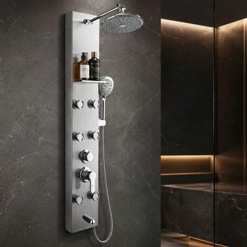 Backline 304 Stainless Steel All in 1 Shower Panel System Brushed Nickel Hot & Cold Tower with Waterfall Rainfall Spray Body Jets Handshower Tub Spout and Storage Rack