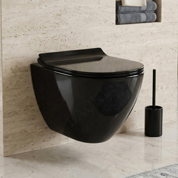Ceramic Rimless Wall Hung Western Toilet/Water Closet/Wall Mount Commode With Soft Close Toilet Seat - P Trap Outlet Is From Wall (Black Glossy)