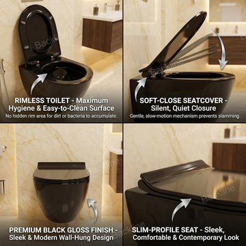 Ceramic Rimless Wall Hung Western Toilet/Water Closet/Wall Mount Commode With Soft Close Toilet Seat - P Trap Outlet Is From Wall (Black Glossy)