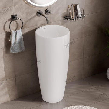 Backline White Glossy Standalone Pedestal Basin Without Tap Hole (38 x 38 x 85 CM) – One-Piece Free Standing Wash Basin