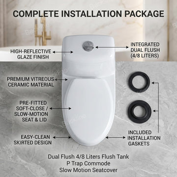 B Backline One-Piece Ceramic P-Trap Western Commode – Wall Outlet Floor Mounted Water Closet with Soft-Close Seat, Glossy White