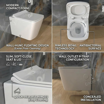 B Backline Ceramic Wall Mount , Wall Hung  Water Closet Rimless Western Commode Toilet  with Soft Seat Cover White