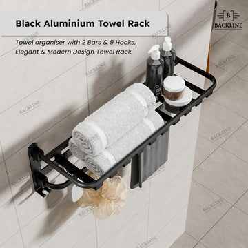 Backline Modern Space-Saving Towel Shelf: 24-Inch Foldable Aluminum Rack with 9 Hooks – Matte Black