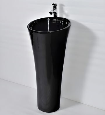 B Backline Ceramic Pedestal Free Standing Wash Basin Round 15 Inch Black Glossy