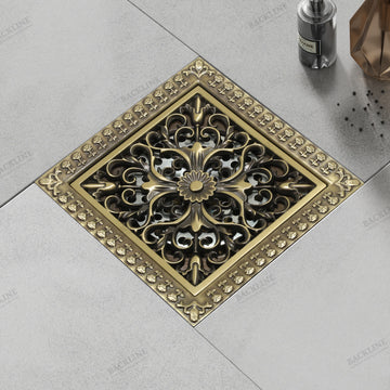 B Backline Brass Bathroom Floor Water Drain Grating with Anti-Foul Cockroach Trap Antique Finish