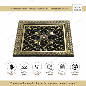 B Backline Brass Bathroom Floor Water Drain Grating with Anti-Foul Cockroach Trap Antique Finish