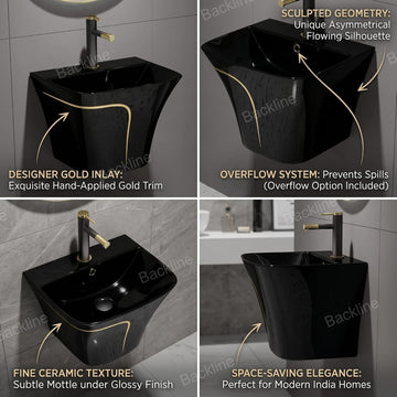 B Backline Ceramic Wall Hung / Wall Hung Half Pedestal Wash Basin For Bathroom 20 X 17 X 15 Inches Black Matt