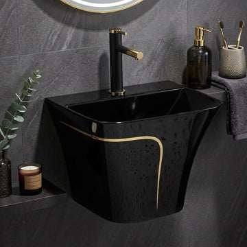 B Backline Ceramic Wall Hung / Wall Hung Half Pedestal Wash Basin For Bathroom 20 X 17 X 15 Inches Black Matt