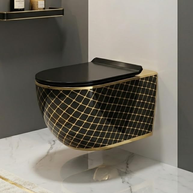 Ceramic Wall Hung Toilet or Wall Mounted Closet Black Gold Color