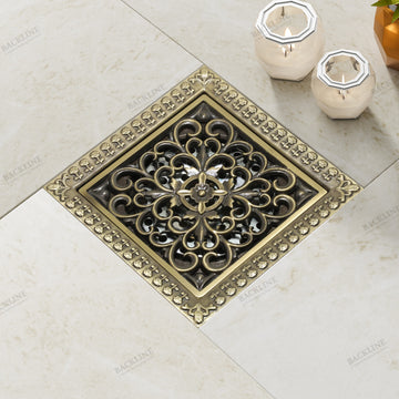 B Backline  Brass Antique Finish Floral Pattern Bathroom Floor Water Drain Grating with Anti-Foul Cockroach Trap