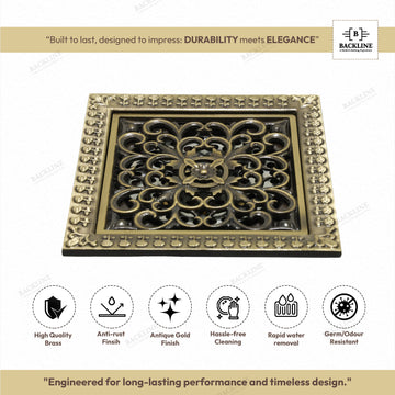 B Backline  Brass Antique Finish Floral Pattern Bathroom Floor Water Drain Grating with Anti-Foul Cockroach Trap