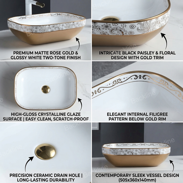 B Backline Ceramic Table Top, Counter Top Wash Basin 22 X 14 X 5 Inch White Rosegold