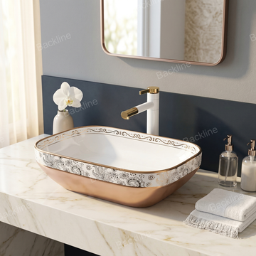 B Backline Ceramic Table Top, Counter Top Wash Basin 22 X 14 X 5 Inch White Rosegold