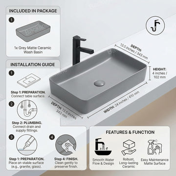 B Backline Ceramic Matt Finish Table Top, Counter Top Wash Basin 24 X 13.5 X 4 Inches Grey Matt