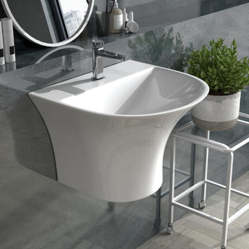 White Wall-Mount Ceramic Half-Pedestal Basin –  Bathroom Sink (19x17x13 inch)