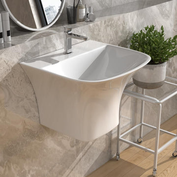 Backline White Wall-Hung Ceramic Half-Pedestal Basin – Modern Bathroom Sink (19 X 17 X 13 Inch)