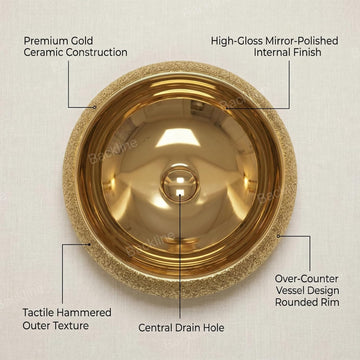 B Backline Ceramic Table Top, Counter Top Wash Basin 40 x 40 CM Gold