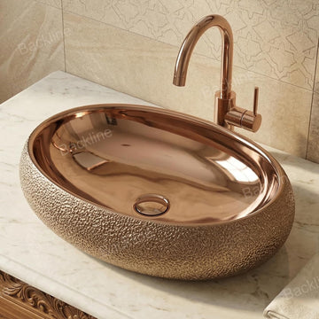 B Backline Ceramic Table Top, Counter Top Wash Basin 24 X 16 X 5.5 Inches Rose Gold