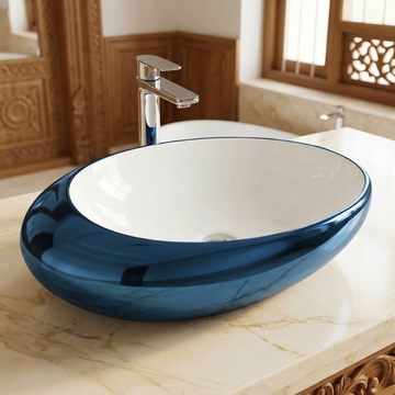 Table Top Designer Blue White Wash Basin 49 X 31 X 14 Cm