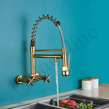 B Backline Brass Wall-Mount Sink Tap Hot & Cold Mixer Pullout Kitchen Faucet(Gold)