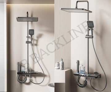 Luxury Shower Panel For Bathroom Full Set Piano Button 4 function Thermostatic Mixer Hot & Cold Shower system, Hand shower | overhead Shower | Jet Spray, Shower For Bathrooms (Gun Grey)