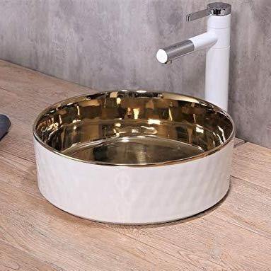Table Top Designer Gold White Round Wash Basin 36 X 36 X 12 Cm - Bath Outlet